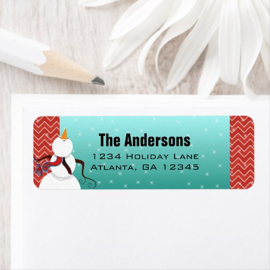 レトロレッドアクアクリスマス雪だるまアップスターズ ラベル (インサイチュ)