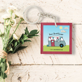 レトロレッドアンドティール（緑がかった色）キャンパー  キーホルダー