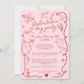 レトロレッドアンドパステルピンクガレンティーンズデイパーティー 招待状 (正面)