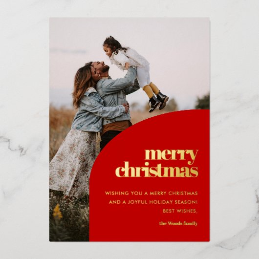 レトロレッドアーチデザインメリークリスマスフォト金ゴールド 箔シーズンカード (正面)