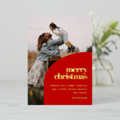 レトロレッドアーチデザインメリークリスマスフォト金ゴールド 箔シーズンカード (立ち正面)