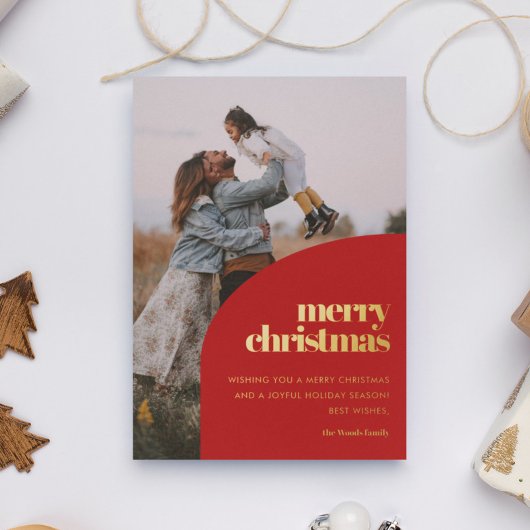 レトロレッドアーチデザインメリークリスマスフォト金ゴールド 箔シーズンカード