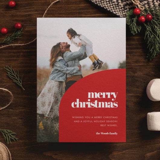 レトロレッドアーチデザインメリークリスマスフォト シーズンカード