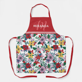 レトロレッドイエローピンク花柄モノグラム エプロン