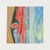 レトロレッドカー絵を描、シーサイド。 タペストリー (正面(横))