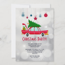 レトロレッドカー運ズのクリスマスツリーパーティー 招待状
