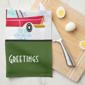 レトロレッドカー運ズのクリスマスツリー キッチンタオル (四つ折り)