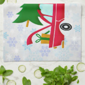 レトロレッドカー運ズのクリスマスツリー キッチンタオル (折り畳み)