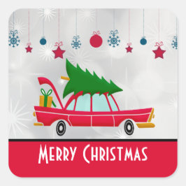 レトロレッドカー運ズのクリスマスツリー スクエアシール