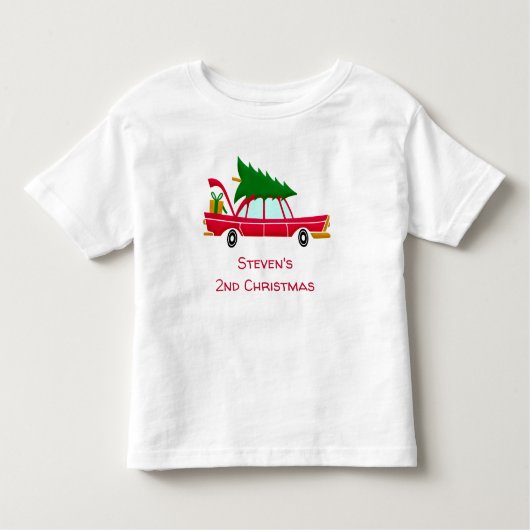 レトロレッドカー運ズのクリスマスツリー トドラーTシャツ (正面)