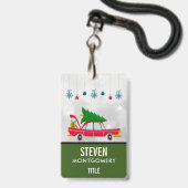 レトロレッドカー運ズのクリスマスツリー バッジ (正面（ネックストラップ付）)