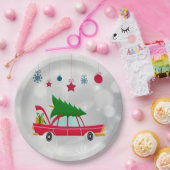 レトロレッドカー運ズのクリスマスツリー ペーパープレート (パーティー)