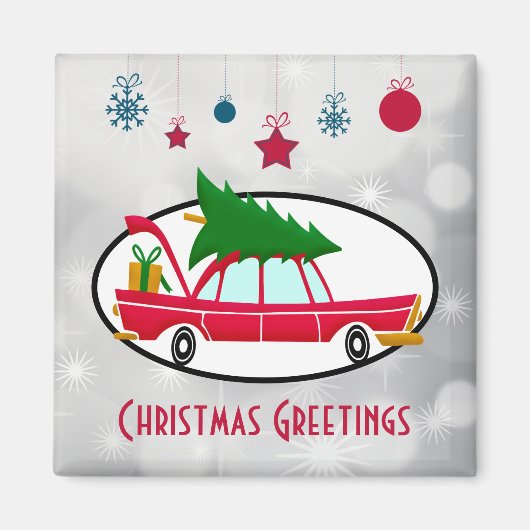 レトロレッドカー運ズのクリスマスツリー マグネット (正面)