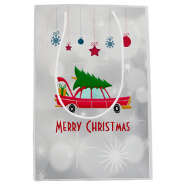 レトロレッドカー運ズのクリスマスツリー ミディアムペーパーバッグ