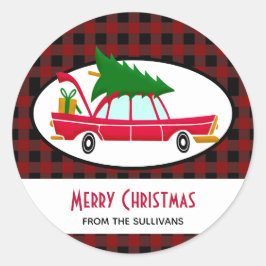 レトロレッドカー運ズのクリスマスツリー ラウンドシール