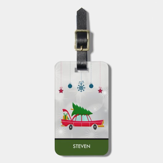 レトロレッドカー運ズのクリスマスツリー ラゲッジタグ (正面縦)