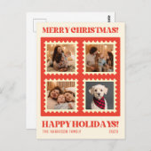 レトロレッドクリスマススタンプの休日の写真コラージュ ポストカード (正面/裏面)