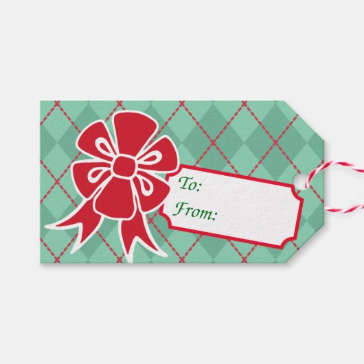 レトロレッドクリスマスボウギフトラベル ギフトタグ (正面(横))