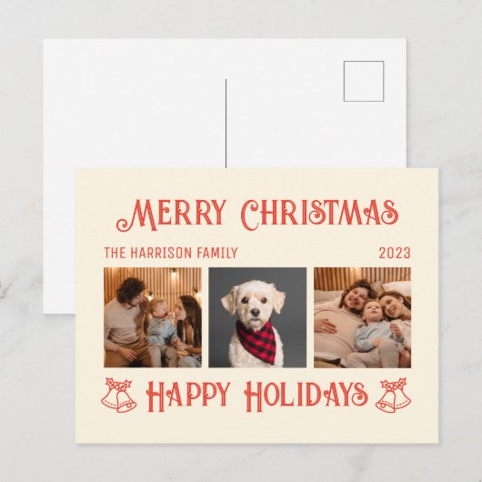 レトロレッドクリームクリスマスホリデーズフォトコラージュ ポストカード (正面/裏面)