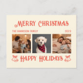 レトロレッドクリームクリスマスホリデーズフォトコラージュ ポストカード (正面)