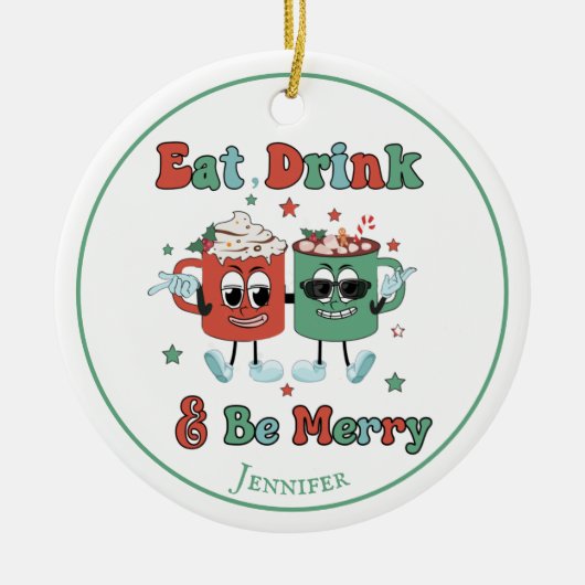 レトロレッドグリーンカートーン踊り セラミックオーナメント (正面)