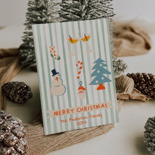 レトロレッドグリーンクリ図解入りの、写真付きのスカラフルおもしろい シーズンカード