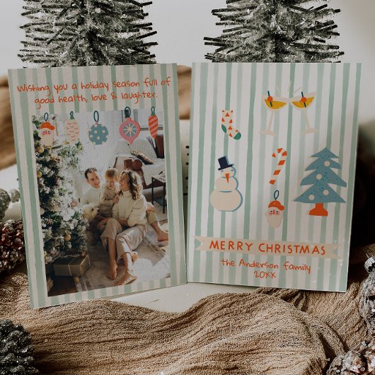 レトロレッドグリーンクリ図解入りの、写真付きのスカラフルおもしろい シーズンカード