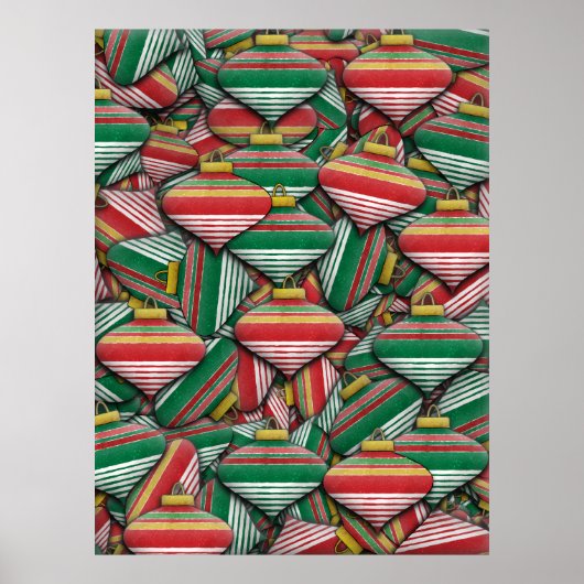 レトロレッドグリーンストライプのオーナメントパターンデザイン ポスター (正面)