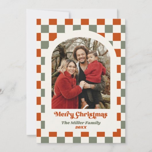レトロレッドグリーンチェッカーボードフォトアーチクリスマス シーズンカード (正面)