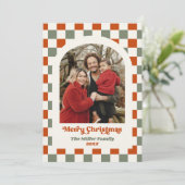 レトロレッドグリーンチェッカーボードフォトアーチクリスマス シーズンカード (スタンド正面)