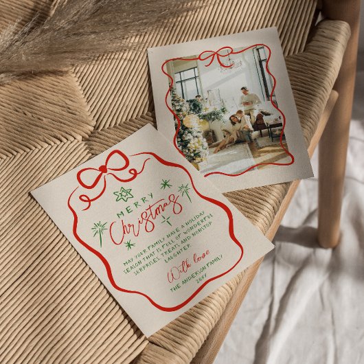 レトロレッドグリーンハンドドロー予測できなド弓クリスマス シーズンカード