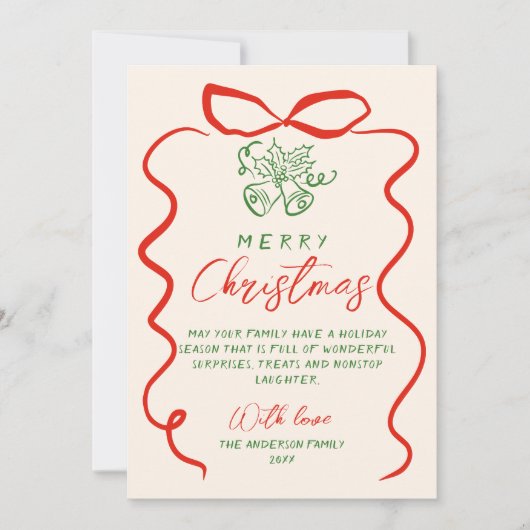 レトロレッドグリーンハンドドロー書ト写真クリスマス シーズンカード (正面)
