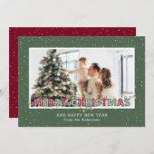 レトロレッドグリーンライトスノーフォトクリスマスカード シーズンカード (正面/裏面)