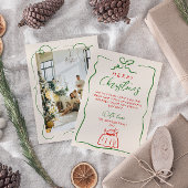 レトロレッドグリーン書手描写真クリスマス シーズンカード