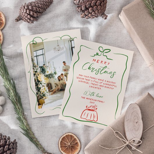 レトロレッドグリーン書手描写真クリスマス シーズンカード