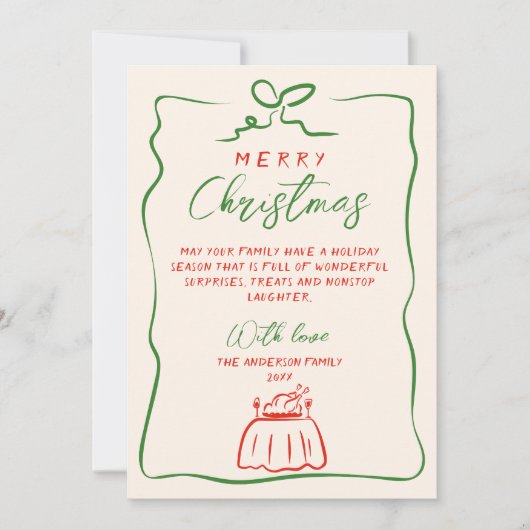 レトロレッドグリーン書手描写真クリスマス シーズンカード (正面)