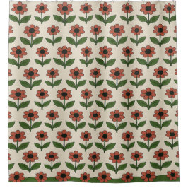 レトロレッドデイジー模様シャワーカーテン シャワーカーテン