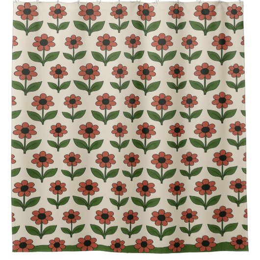 レトロレッドデイジー模様シャワーカーテン シャワーカーテン (正面)
