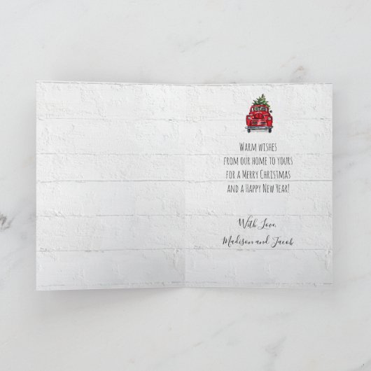 レトロレッドトラックとツリー折り畳みグリーティングカード カード (内部)