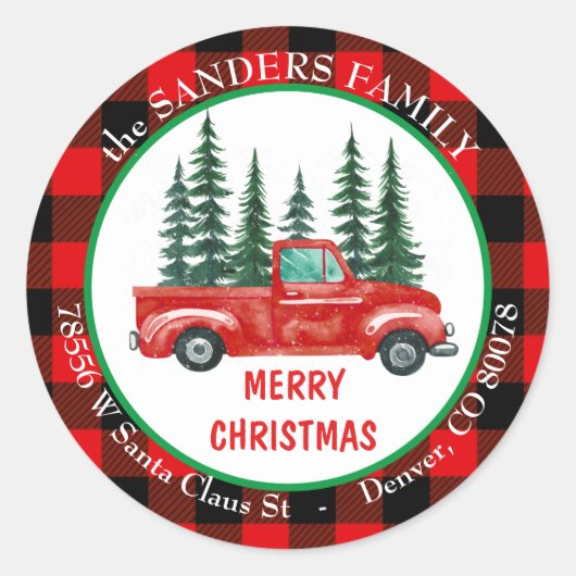 レトロレッドトラッククリスマスツリー差出人住所 ラウンドシール (正面)