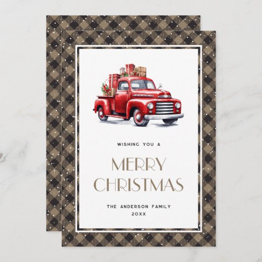 レトロレッドトラックプレイドメリークリスマスカード シーズンカード (正面/裏面)