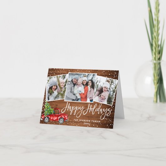 レトロレッドトラック3 PHOTOクリスマスグリーティングフォールディング シーズンカード (正面)