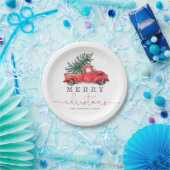 レトロレッドトラック&クリスマスパインツリー ペーパープレート (パーティー)
