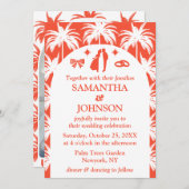 レトロレッドトロピカルパームツリーフォト結婚ズ 招待状 (正面/裏面)