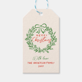 レトロレッドハンドドローリボンリースメリークリスマス ギフトタグ