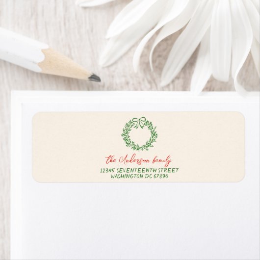 レトロレッドハンドドローリボンリースメリークリスマス ラベル (インサイチュ)