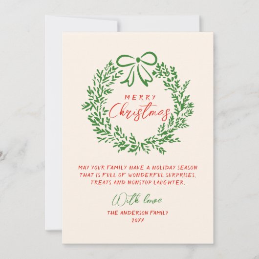 レトロレッドハンド描画リボンリース写真クリスマス シーズンカード (正面)