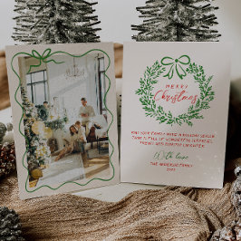 レトロレッドハンド描画リボンリース写真クリスマス シーズンカード