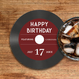 レトロレッドビニールレコードブラックハッピーバースデーパーティー ラウンドペーパーコースター