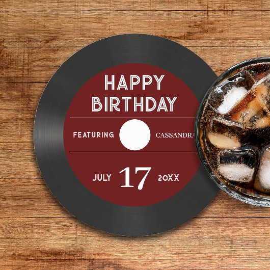 レトロレッドビニールレコードブラックハッピーバースデーパーティー ラウンドペーパーコースター